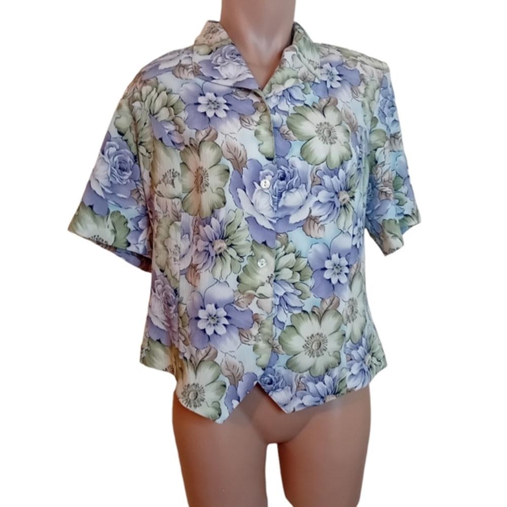 Women's Vintage 90s Alia Floral Pastel Button Down Blouse W ShoulderPads Size 12